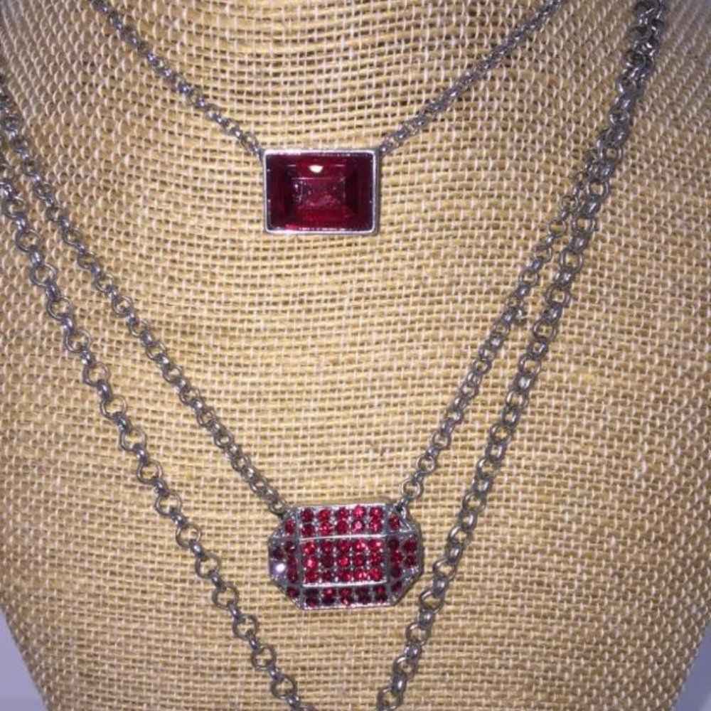 Silver 3 Drop Ruby Red Rhinestone Necklace1292 - image 2